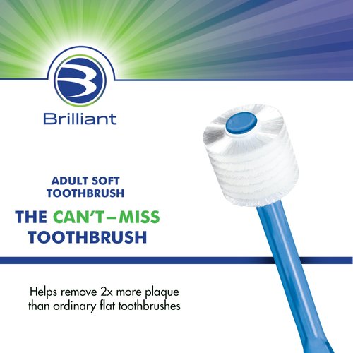 Brilliant Oral Care Adult Toothbrush with Soft Bristles, Round Head, and All-Around Clean for Teeth and Gums, Blue, 3 Pack