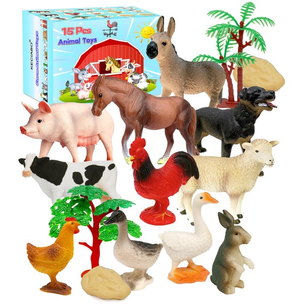 KECIABO Farm Animals Toy, 15 Pieces Plastic Farm Animals Figurines, Educational Learning Farm Playset Toys for Boys Girls Kids Toddlers…