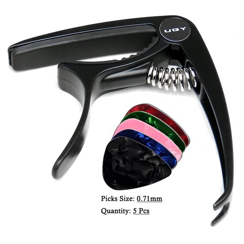 UGY® Capo Guitar Capo for Acoustic and Electric Guitars, Guitar Capo or Ukulele Capos - Black with 5 Picks