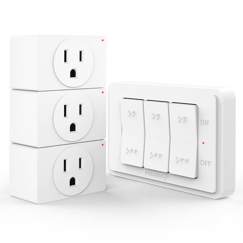 Fosmon Wireless Remote Control Electrical Outlet Switch (3 Pack) - ETL Listed, (15A, 125V 1875W) Remote Light Switch Outlet Plug with Braille (On/Off) Mark for Lamp, Lights, Fans, Expandable