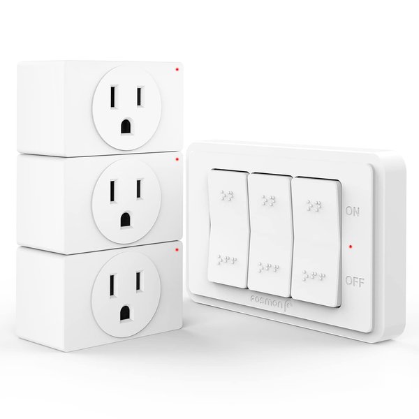 Fosmon Wireless Remote Control Electrical Outlet Switch (3 Pack) - ETL Listed, (15A, 125V 1875W) Remote Light Switch Outlet Plug with Braille (On/Off) Mark for Lamp, Lights, Fans, Expandable