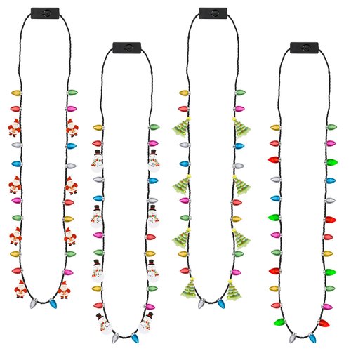 Christmas Necklace, 4Pcs Light Up Christmas Necklace, Glowing Bulb Christmas Tree Santa Candy Cane Necklaces, 3 Modes Colorful Christmas Party Favors, Ugly Xmas New Year Eve Party Supplies Accessories