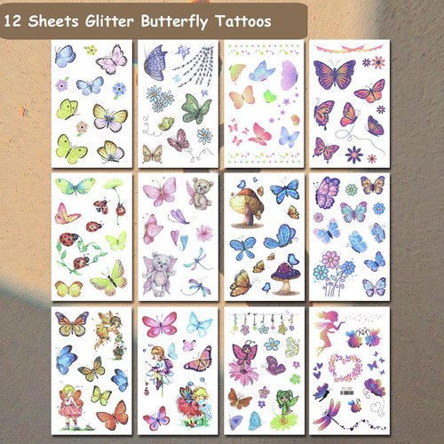 CHARLENT Glitter Butterfly Tattoos for Girls - 110 PCS Glitter Butterfly Temporary Tattoos for Girls Birthday Party Favors Goodie Bag Fillers