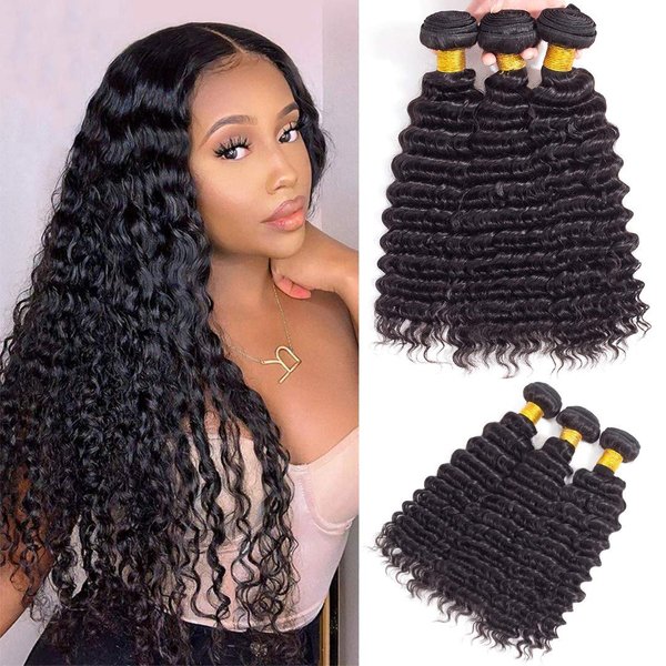 12A Brazilian Deep Wave Human Hair 3 Bundles 12" 14" 16" Pineapple Deep Wave Bundles 100% Unprocessed Virgin Remy Hair Bundles Deep Curly Human Hair Weft for Black Women Natural Color