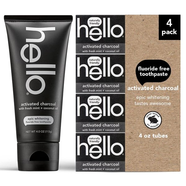 hello Activated Charcoal Epic Teeth Whitening Fluoride Free Toothpaste, Fresh Mint and Coconut Oil, Vegan, SLS Free, Gluten Free and Peroxide Free, 4 Ounce (Pack of 4)