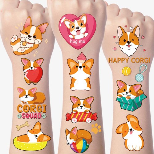 Gameza Corgi Temporary Tattoos Stickers - 200+ Corgi Birthday Party Favors Decorations Corgi Party Gifts Supplies Cute Pet Dog Tattoos Stickers Gift Boys Girls Corgi Tattoos Classroom School Prizes