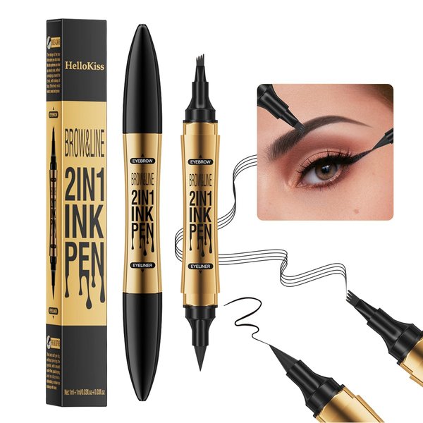 Eyeliner Eyebrow Pencil 2 in1,Black 4-Point Micro-Fork Tip Eyebrow Pen And Black Eyeliner, Long-Lasting Waterproof Dual-Ended Eyebrow Pen To Create Exquisite and Natural Eye Makeup for Women