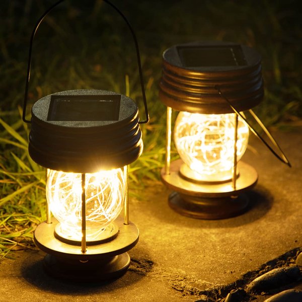 Solar Lanterns Outdoor Hanging-2 Pack Waterproof Landscape Lights Solar Table Lamps with Retro Design, Warm Fairy Lights