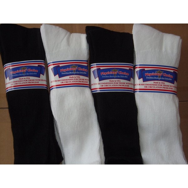 OVER THE CALF DIABETIC SOCKS, 12 PAIR,6 PAIR EACH OF WHITE AND BLACK COLOR,10-13,PHYSICIANS CHOICE