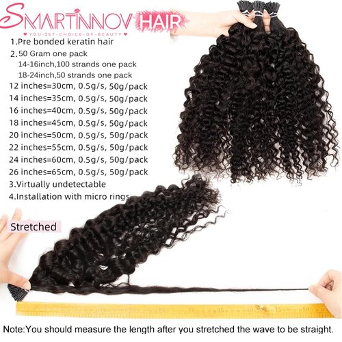 Kinky Curly I Tip Hair Extensions Human Hair for Black Women 20Inch Microlink Hair Extensions Brazilian Virgin Hair Curly I Tip Human Hair Extensions Cold Fusion Stick Tip Extension 50g/50Strands