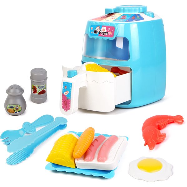 Toy Air Fryer, Play Kitchen Appliances with Music and Light, Pretend Play Food Set for Toddlers, Kids, Kitchen Playset Music & Color Changing Foods, Gift for Boys and Girls 2 3 4 5 Years Old