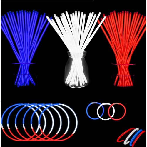 YOFOBU 150 Pack Glow Sticks Bulk Glow Bracelet and Necklaces with 150PCS Connectors 8" Glowsticks Light Up Neon Party Favors for July 4th Halloween Wedding Birthday Hawii Carnival(RedBlueWhite)