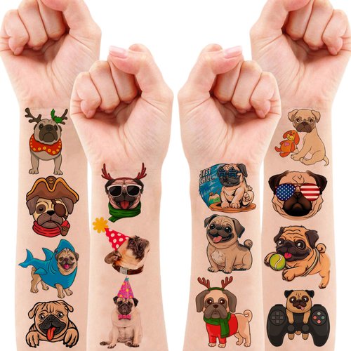 86 PCS Pug Temporary Tattoos Themed Birthday Party Decorations Supplies Favors Decor Cute Dog Puppy Stickers Gifts for Kids Girls Boys School Prizes Rewards