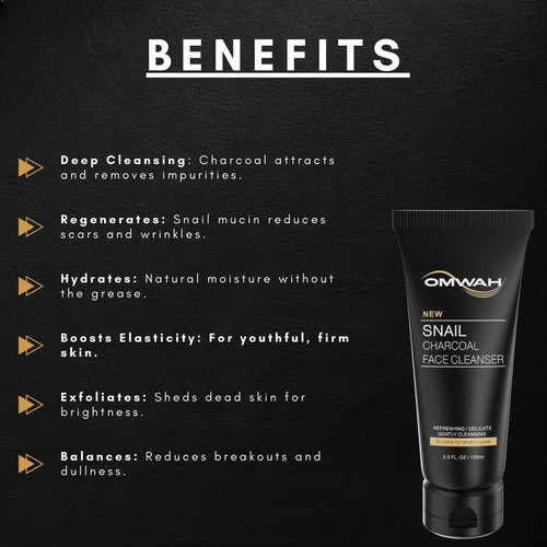 OMWAH Advanced Snail Mucin Gel Face Cleanser Infused with Activated Charcoal | Rich Daily Deep Cleansing Gel (3.5 OZ)