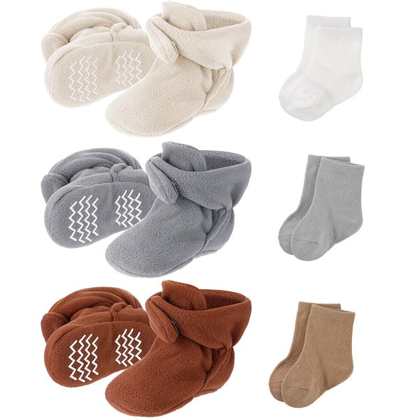 SATINIOR 3 Pairs Unisex Cozy Fleece Baby Booties with 3 Pairs Infant Cotton Socks (Beige, Gray, Dark Brown,6-12 Months)
