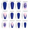 Rilafuvu Medium Press on Nails French Tip Fake Nails with Flower Designs Acrylic Nails Coffin Blue Glue on Nails Rhinestones Stick on Nails Glitter Press on Nail for Women and Girls 24Pcs