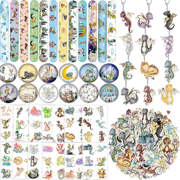 qhqqwzxqc 98PCS Dragon Party Favors Dragon Knight Birthday Decorations with Magical Dragon Slap Bracelets Dragons Stickers Dragon Badge Dragon Keychains Dragon Tattoos for Dragon Baby Shower Supplies