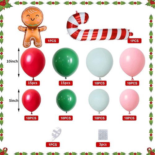 Red White Christmas Balloon Garland Kit, 85PCS Christmas Balloon Garland Arch Kit Macaron Pink Green Balloon Candy Cane Foil balloon Gingerbread Man for Christmas Decorations New Year Party Supplies