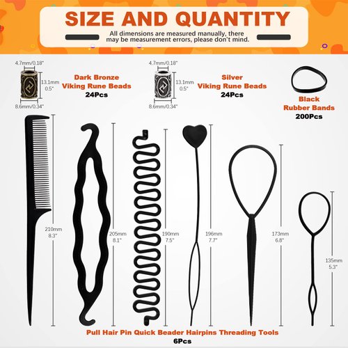 Tanstic 255Pcs 13mm Dark Bronze and Silver Viking Rune Beads Norse Viking Beads Hair Beard Beads Braiding Beads Including 6Pcs Pull Hairpin Quick Beader and 200Pcs Black Rubber Bands with a Bag