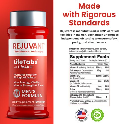 Rejuvant Men's AKG Supplement 1000MG Ultra 98% Pure (Calcium Alpha-Ketoglutarate) with Patented AKG Vitamin A Rich Controlled Release Formula for Longevity, Recovery, and Cell Repair, 60 Capsules