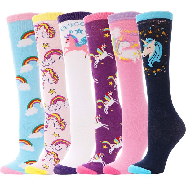 ANTSANG Kids Girls Knee High Socks Long Boot Crazy Silly Fun Gift Cute Tall Animal Socks for Child 6 Pairs Stocking Stuffers Gifts for 10 Year Old Girls Birthday Gifts Ideas (Unicorn)