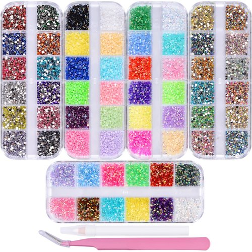 editTime 5 Boxes Shiny Colorful Nail Art Rhinestones Kit Crystals AB Flatback Jelly Mermaid Pearl Rhinestones Stones Gems with Pick Up Pen and Curved Tweezer (2mm)