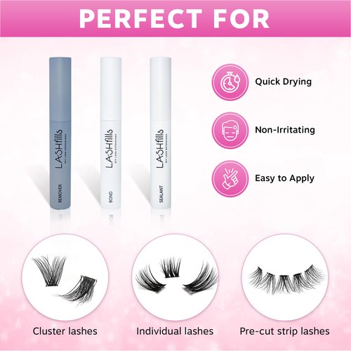 Lashfills DIY Lash Extension Kit Lash Cluster Kit with Lash Bond Lash Sealant Lash Remover and Lash Application Tool 3 Set of Lashes 30 Lash Clusters (Extra Volume-Envy)