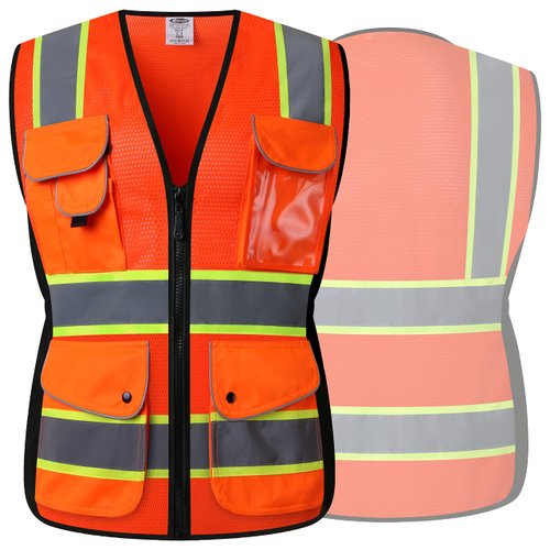 JKSafety 9 Pockets Women Hi-Vis Reflective Safety Vest | Mesh Neon Orange| Reflective Strips with Yellow Extended Trims | ANSI Compliant (168-Orange, XXL)