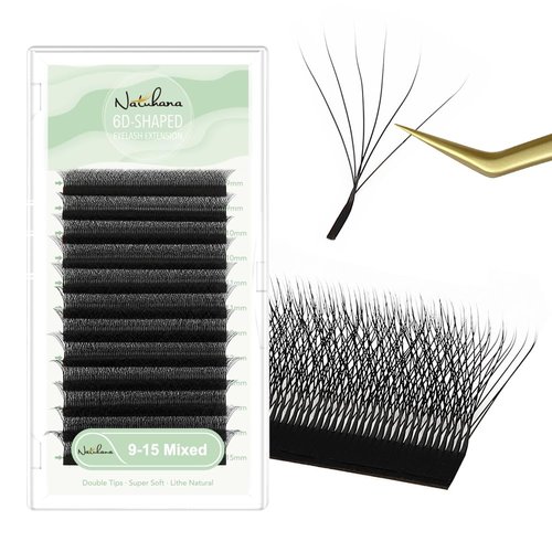 NATUHANA W Shaped Clover Eyelash Extensions 6D Volume Lashes 0.07mm D Curl 9-15mm Mixed Easy Fan W-shape Lash Supplies Faux Mink Premade Fans Cluster Black,12Rows/Case (6D black ; 0.07 D,9-15 MIX)