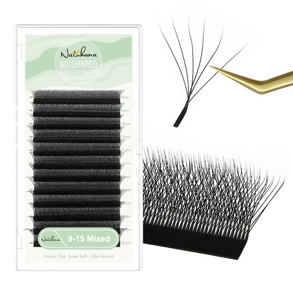 NATUHANA W Shaped Clover Eyelash Extensions 6D Volume Lashes 0.07mm D Curl 9-15mm Mixed Easy Fan W-shape Lash Supplies Faux Mink Premade Fans Cluster Black,12Rows/Case (6D black ; 0.07 D,9-15 MIX)