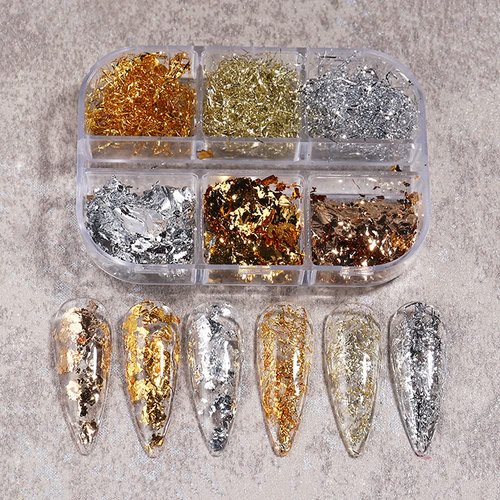 Eseres Nail Foil 3D Sparking Gold Flakes for Nails 6 Grids Metallic Nail Glitter for Nail Art Design