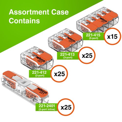 WAGO 221 Series 90pc Lever Nuts | Includes (25x 221-2401), (25x 221-412), (25x 221-413), (15x 221-415) | Compact Splicing Wire Connectors Assortment Pack | 221 Series Assortment with Case