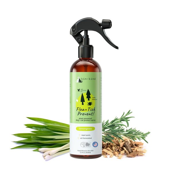 kin+kind Plant-Based Flea & Tick Spray for Dogs and Cats with Lemongrass - Essential for Flea & Tick Treatment - Flea Spray for Dogs and Cats - Pet Supplies 12 fl oz