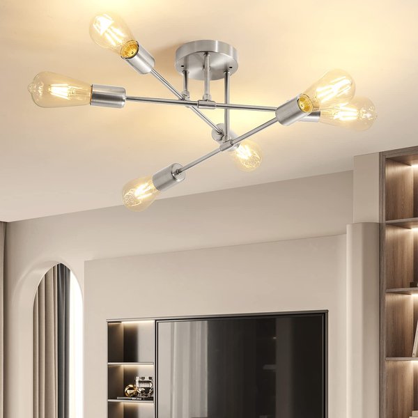 Soilsiu Modern Sputnik Chandelier Ceiling Light Fixtures, 6-Light Semi Flush Mount Ceiling Light for Bedroom Dining Room Living Room, Kitchen, Office (Nickel, W:16.5",H:8")