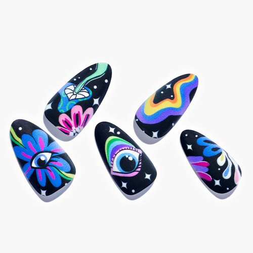 GLAMERMAID Press on Nails Medium Almond, Gothic Matte Cute Cartoon Glue on Gel Nails, 24Pcs Colorful Short Almond Mushroom Acrylic False Nails Kits Resuable UV Finish Full Cover Stick on Nails