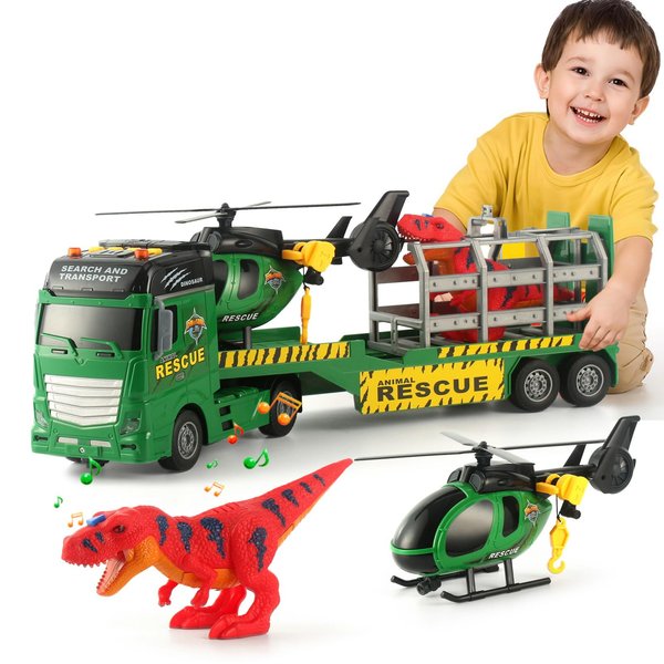 ANJARU 25" Big Semi Truck Toy 3in1 Truck Kids Toys Dinosaurs, Flatbed Trailer Transporter, Helicopter, Cage Gift for boy Kids age3+