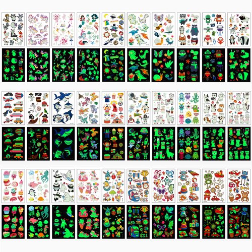 400pcs Luminous Tattoos For Kids,Mixed Styles Temporary Tattoo Stickers,Glow In The Dark Tattoos for Boys and Girls,Unicorn Mermaid Dinosaur Butterfly Fake Tattoos or more party makeup gifts 30 Sheets