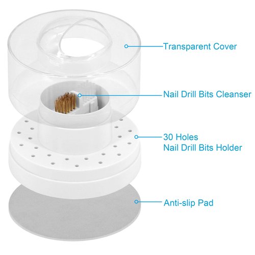 30 Holes Nail Drill Bits Holder with Nail Drill Bits Cleanser, Dustproof Nail Drill Bits Stand Displayer Organizer (Not Include the Nail Drill Bits)