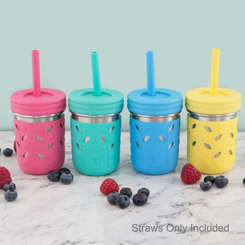 Elk and Friends Adult & Kid's Reusable Silicone Straws with Stopper for 8oz & 10oz Mason Jars or Tumblers, Pack of 8 Colorful Straws 6.3"