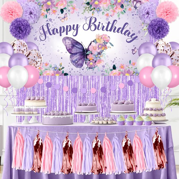 Butterfly Birthday Party Supplies Decoration Purple Pink Birthday Decor Include Happy Birthday Banner Paper Pompoms Circle Dots Tassel Balloon Fringe Curtain for Women Girls Birthday Baby Shower