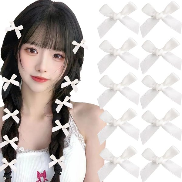 10 Pcs White Hair Bows Small Mini Bows Hair Clips,Sweet Kawaii Hair Ribbon Hair Clip Cute Solid Color Hair Bow Hair Pins Hair Barrettes Bowknot Alligator Hair Clips for Women Girls Hair Accessories