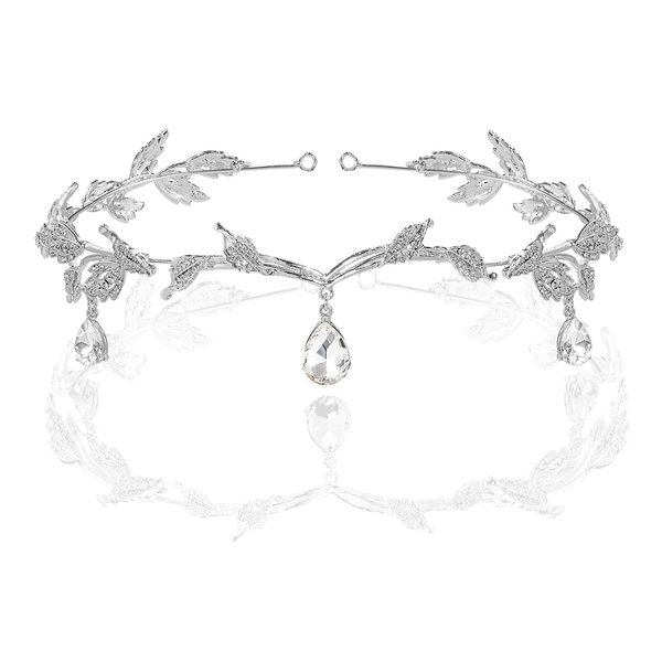 BABEYOND Elegant Rhinestone Leaf Wedding Bridal Bridesmaid Forehead Band Dangle Rhinestone Bridal Tiara Crown with Gift Box , Silver, One size