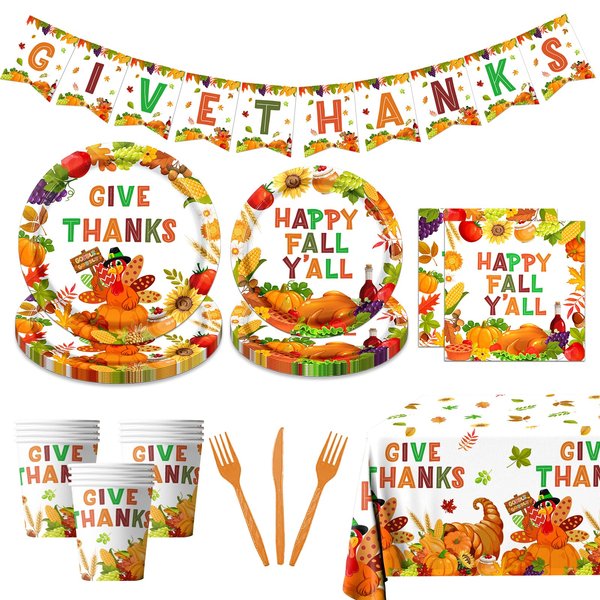 Turkey Thanksgiving Party Supplies,142Pcs Thanksgiving Paper Plates and Napkins Tableware Disposable Give Thanks Fall Plates and Napkins Cups Tablecloths for Autumn Thanksgiving Party Decorations