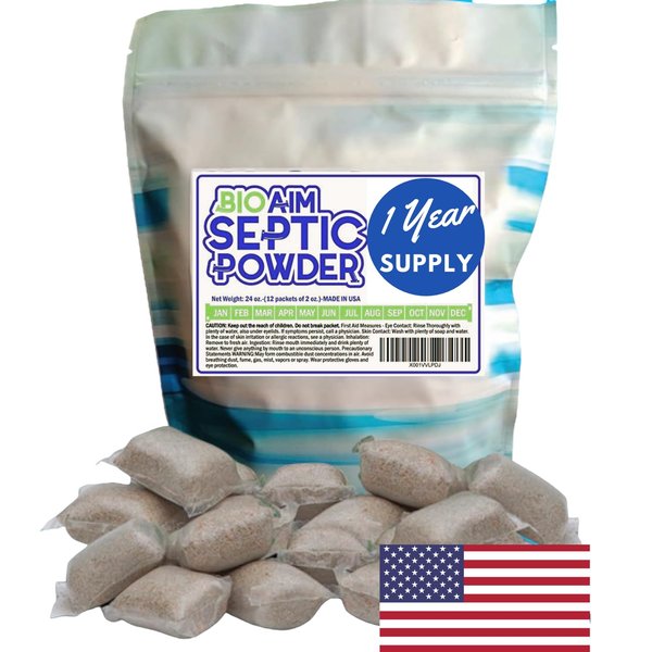 Homey Aim Septic Tank Treatment. 1 Year Supply. Safe Green Cultures and Enzymes Powder in Packets Avoid Bad Odors, Organic Clogs and Expensive Sewage Backups.