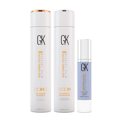 GK Hair Global Keratin Balancing Shampoo And Conditioner 300ml With Cashmere Serum 50ml For Dry Thick Curly & Oily Scalp And Hair Restores Scalp pH Level - Sulfate And Paraben Free