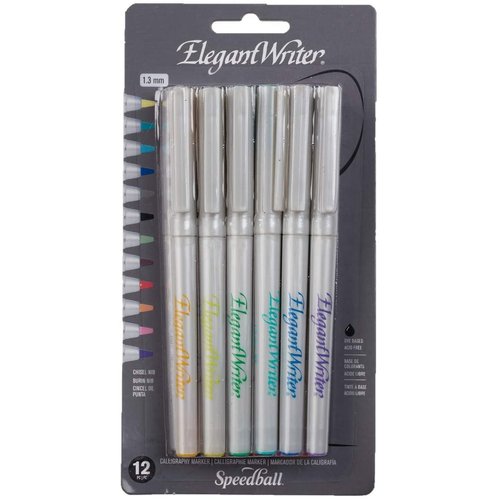 Speedball Elegant Writer Calligraphy 12 Marker Set, Assorted Colors, 1.3 mm Chisel Nib Tip Pens for Drawing, Journaling, and Scrapbooking