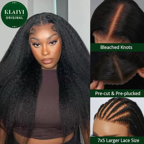KLAIYI Bye Bye Knots Glueless Wig Yaki Straight 7x5 Pre Cut Lace Front Wigs Human Hair Put On and Go Wigs for Beginners Pre Bleached Pre Plucked No Glue 30S Easy to Wear Kinky Wigs for Women 22Inch