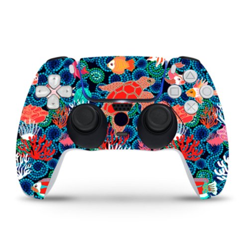 ZOOMHITSKINS Compatible with PS5 Controller Skin, Vinyl for Durable & Fit, Mosaic Blue Sea Turtle Coral Art Colorful Neon, Easy to Use, Bubble-Free, Precisely Cut