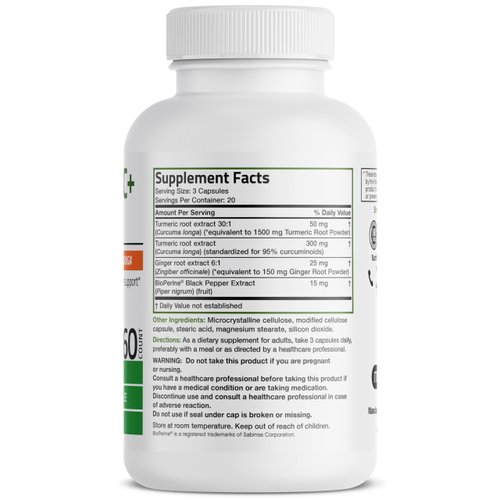 Bronson Turmeric + Ginger Extra Strength Joint Health & Digestion Support with BioPerine, Non-GMO, 60 Vegetarian Capsules