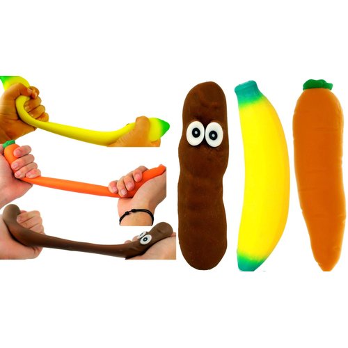 JA-RU Squishy Poop, Carrot & Stretchy Banana Fidget Toy (3 Squishies) Slow Rising Sand Filled Stress Toy. Funny Gag Gifts for Kids. Fidget Squeeze Toy. Banana Party Favors. 6448-3340-3342p